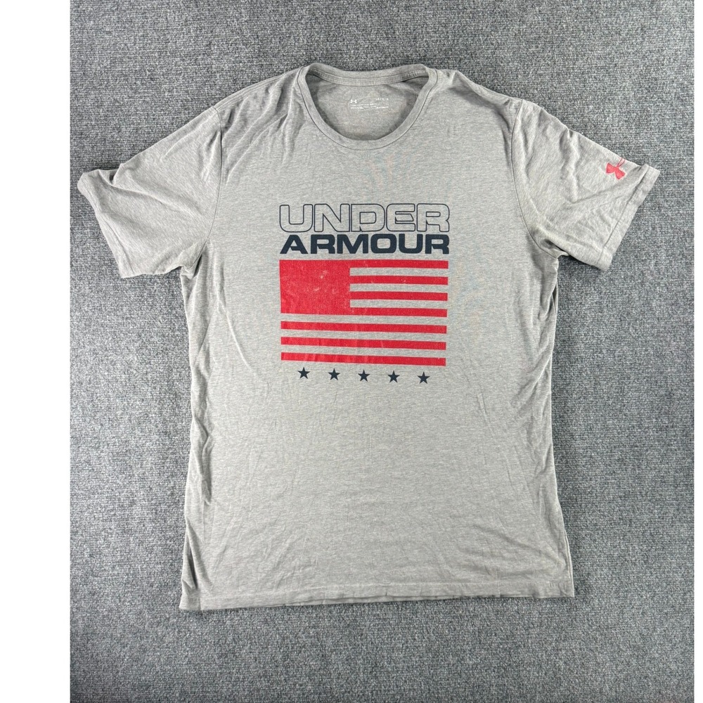 Under Armour Mens HeatGear American Flag Graphic T-Shirt Gray Large Loose Fit